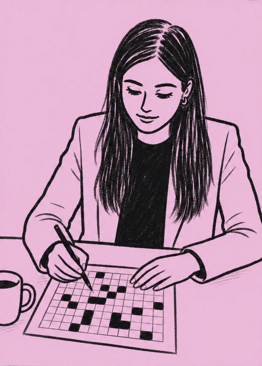 A drawing of me at a table, solving a crossword with a pen, coffee beside me