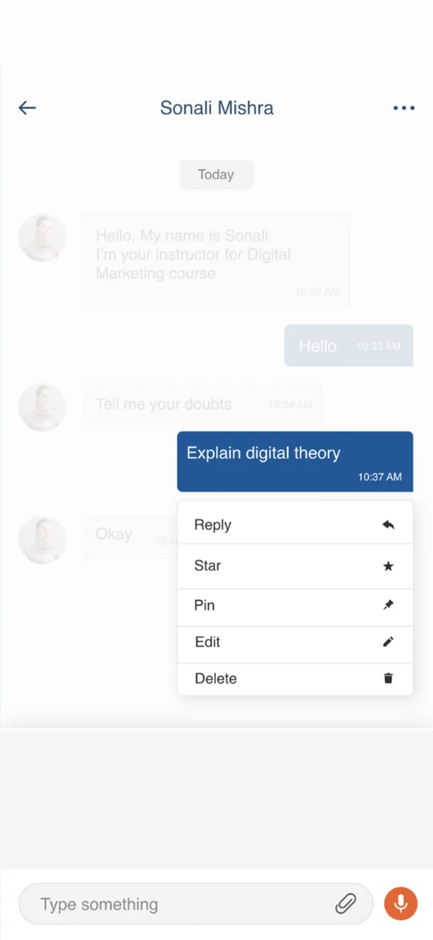 Holding a message opens actions: reply, star, pin, edit, delete