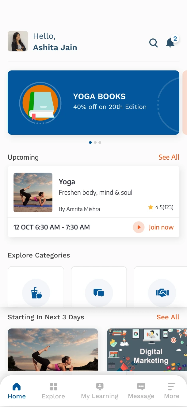 Find a course, learner app screen