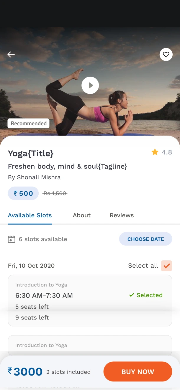 Book a live slot, learner app screen
