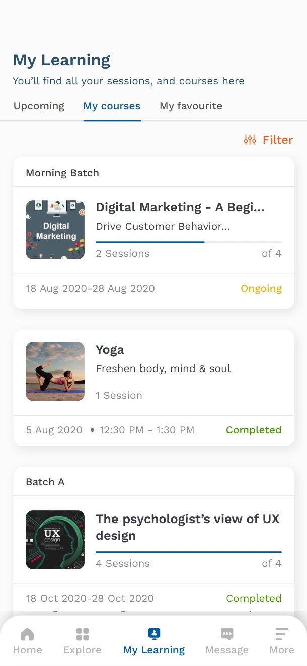 Track your learning, learner app screen