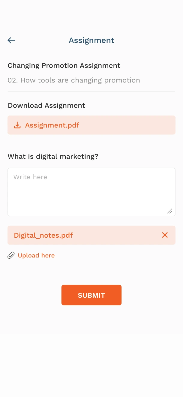 Submit work for feedback, learner app screen