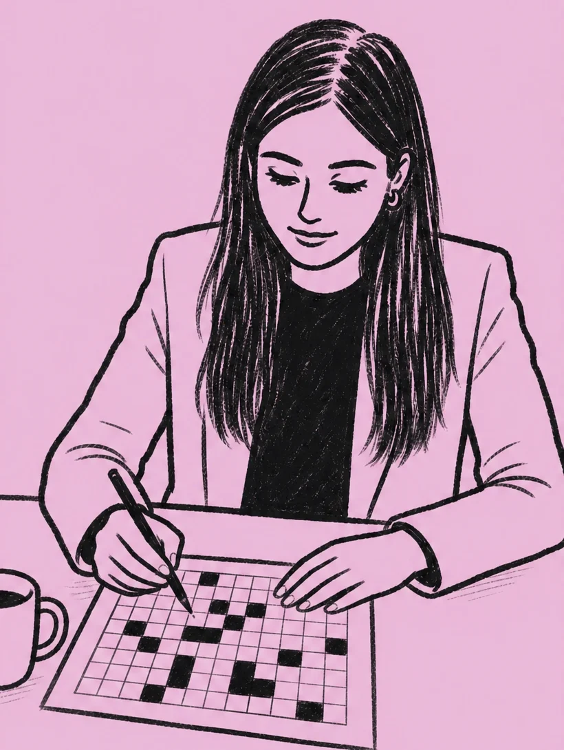 Line drawing of Ashita at a desk, filling in a crossword